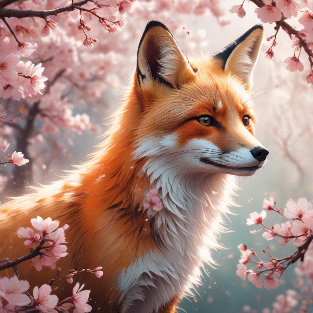 Whimsical Fox in Cherry Blossom Wonderland