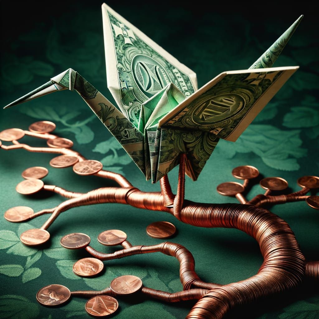 An intricate origami crane meticulously folded from crisp, g...