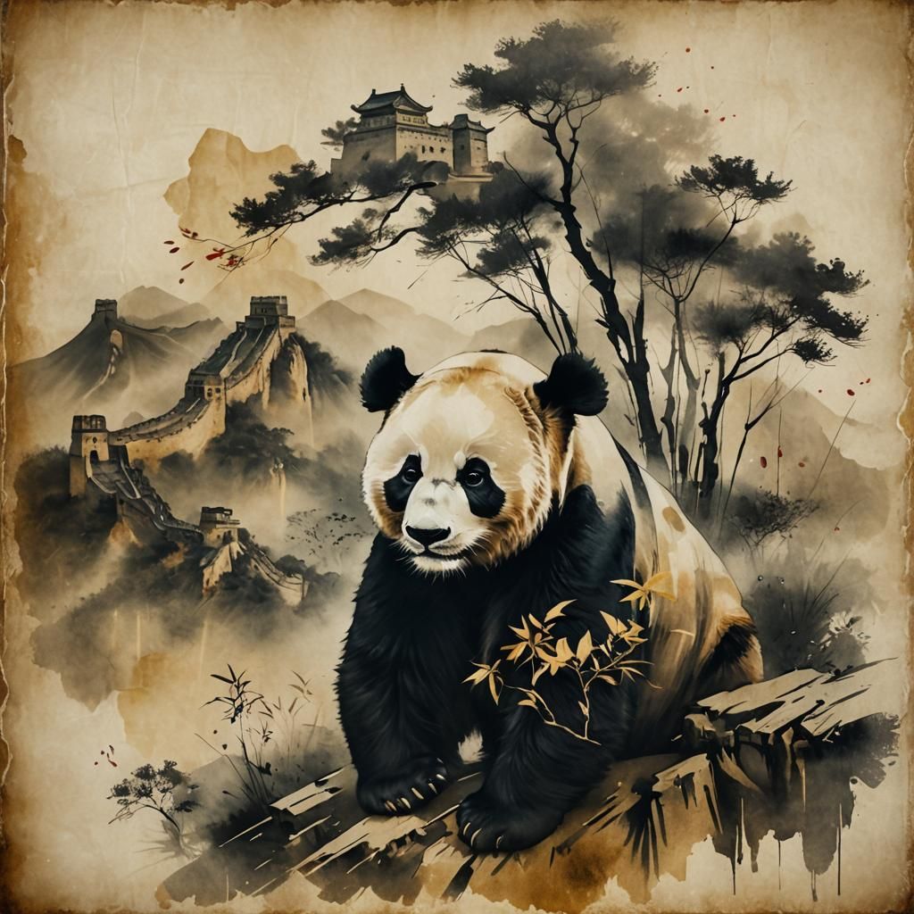 Panda and Great Wall in Double Exposure