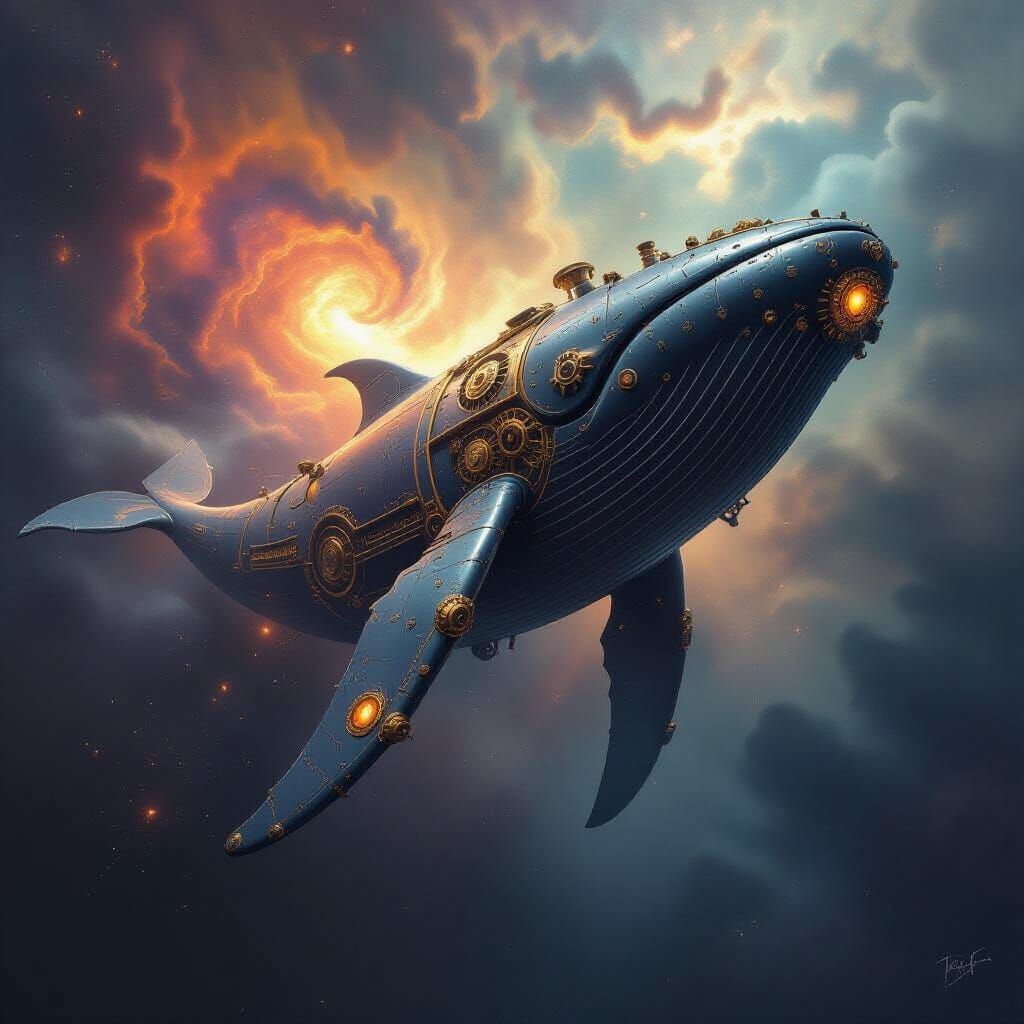 Steampunk Whale Breaching Cosmic Nebula in Dark Fantasy Styl...