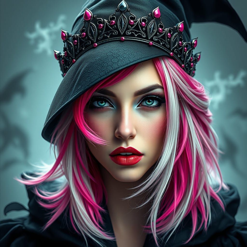 Mysterious Dark Fantasy Witch with Vibrant Ombre Hair