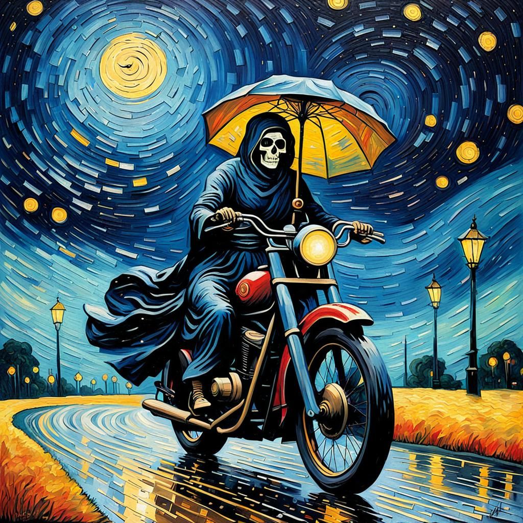 Mama Muerte Rides: A Post-Impressionist Motorcycle Dream