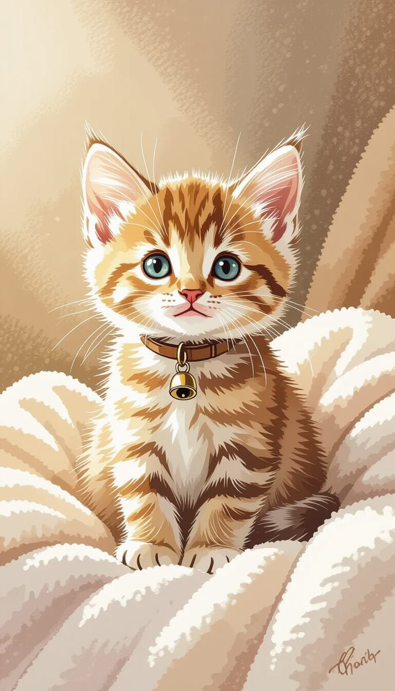 Adorable Kitten with Bell in Whimsical Style