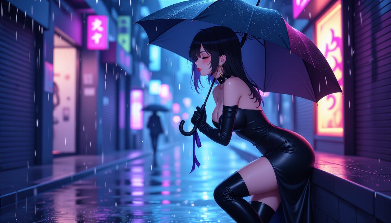 Anime Woman in Neon Alley with Black Umbrella