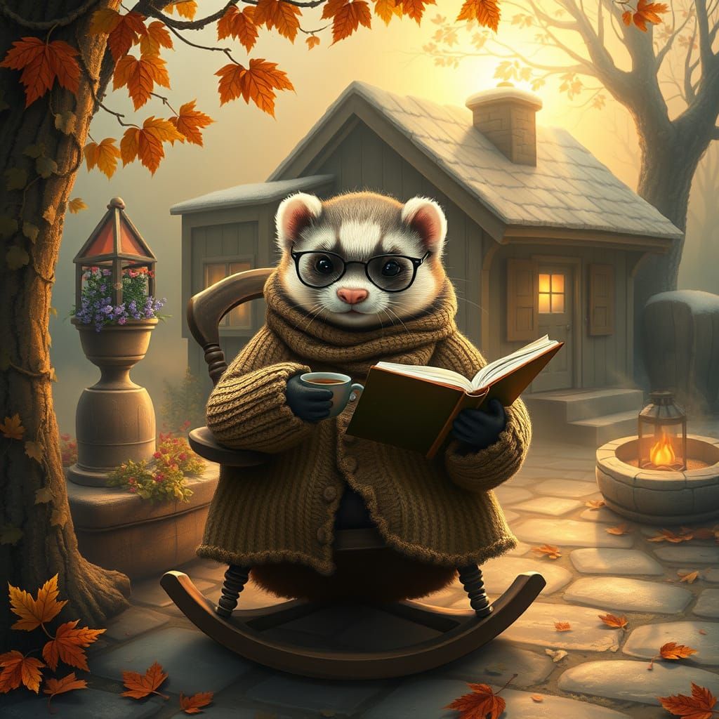 Cozy Ferret Reading by Cottage in Whimsical Style