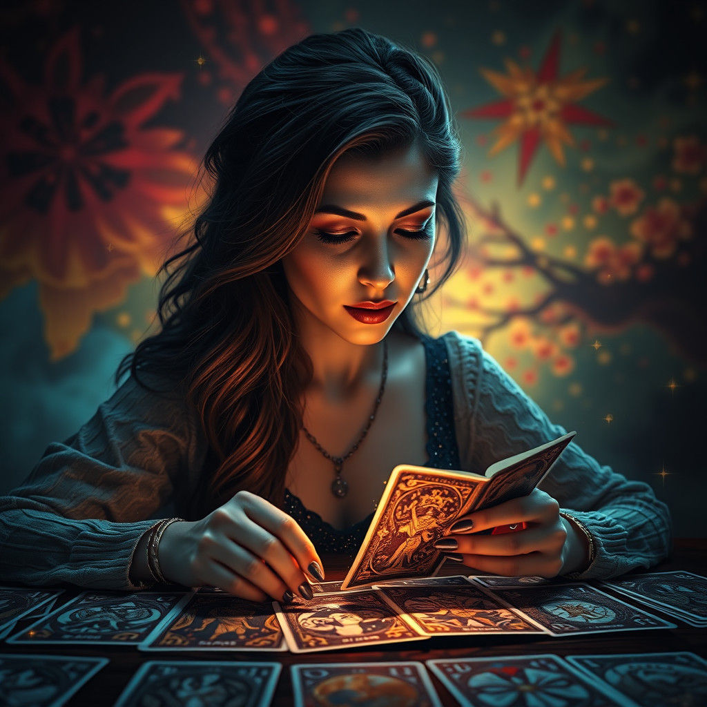 Woman Reads Glittering Tarot Cards: Hyperrealistic Splash Ar...