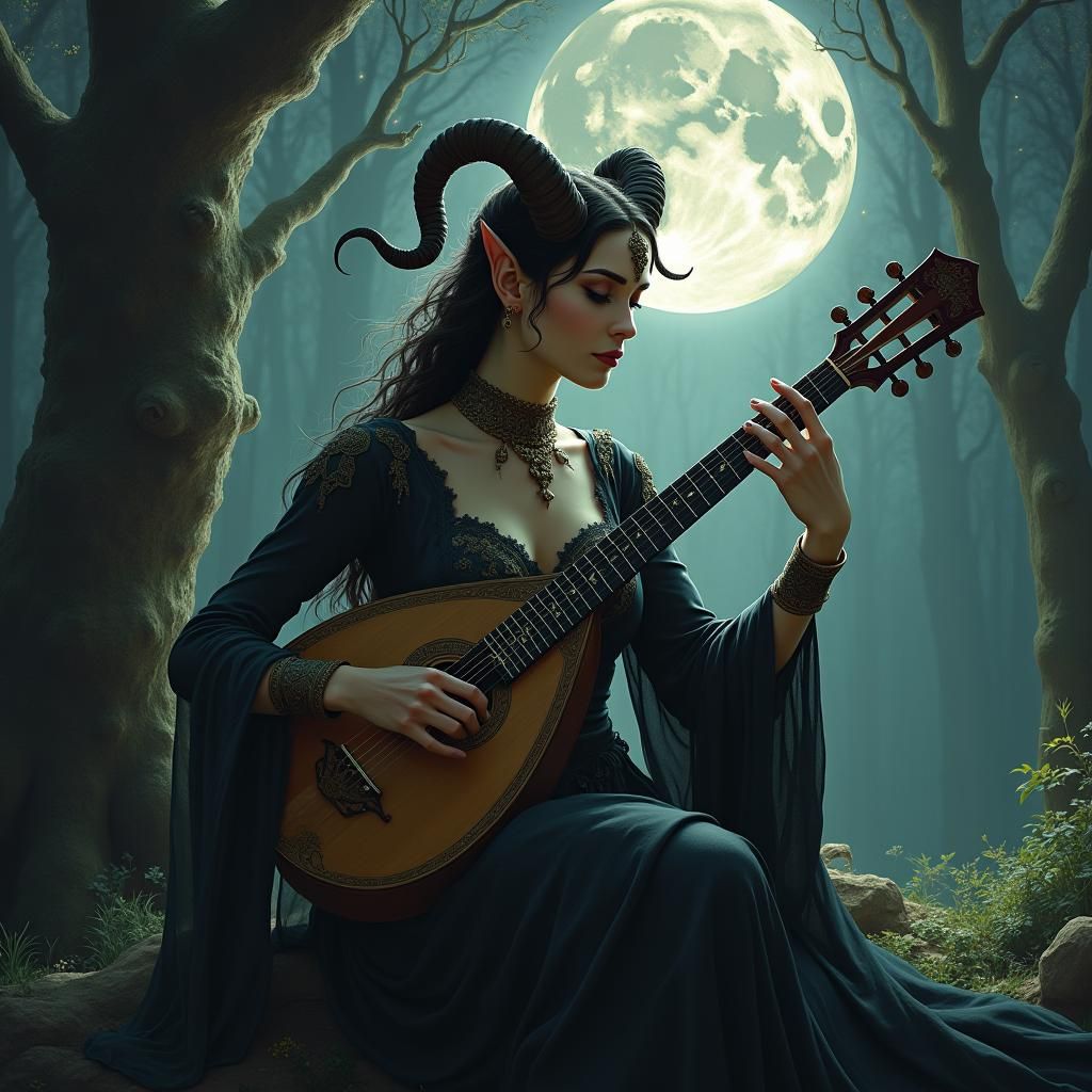 Mystical Female Satyr Bard in Enchanted Forest