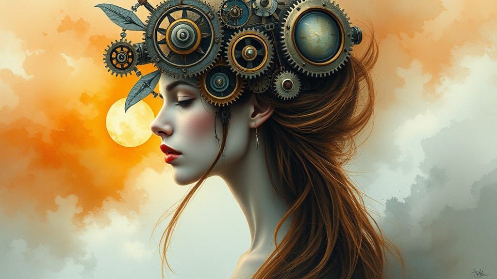 Ethereal Steampunk Woman Rises from Mysterious Island