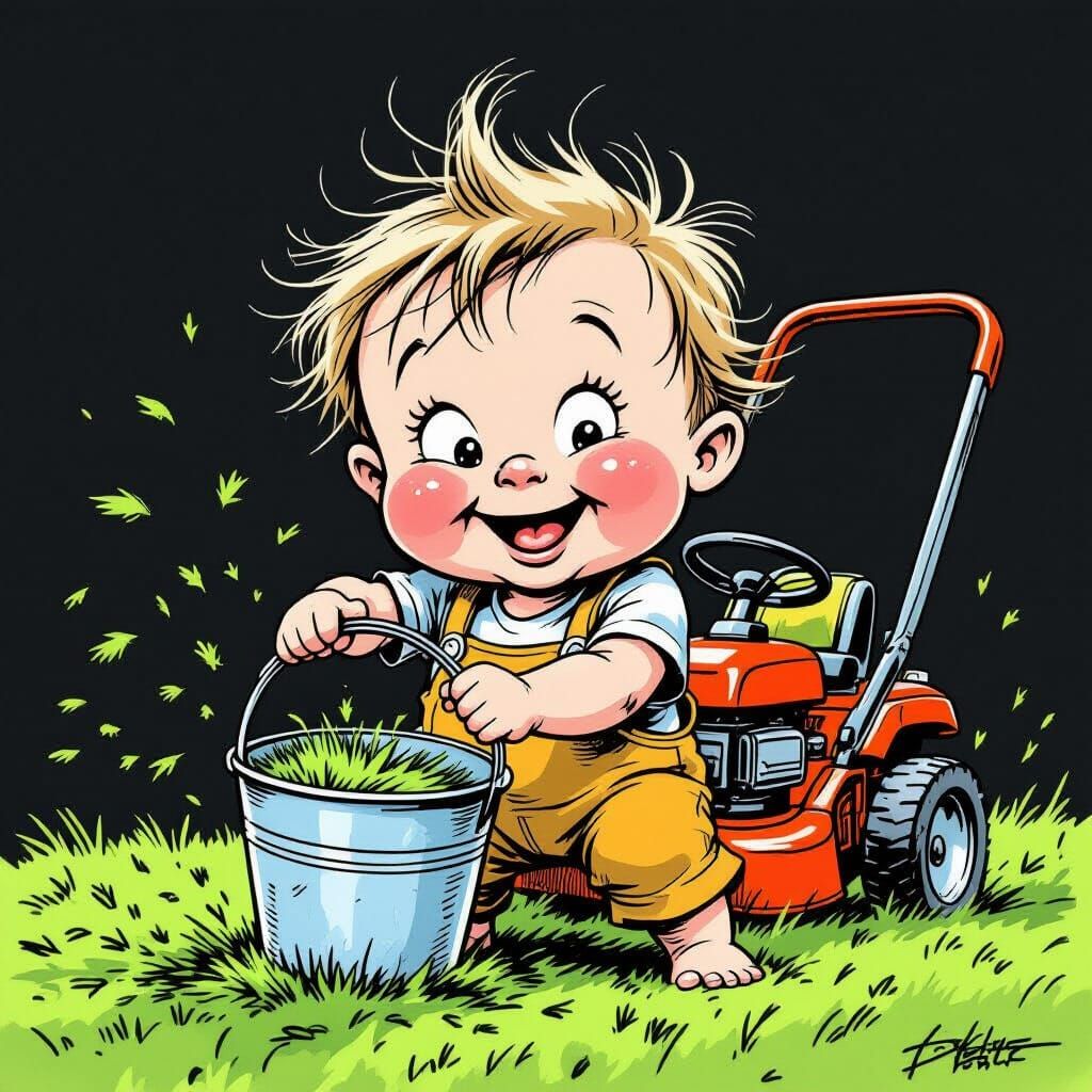 Toddler's Chaotic Delight: Grass Cuttings Everywhere in Whim...