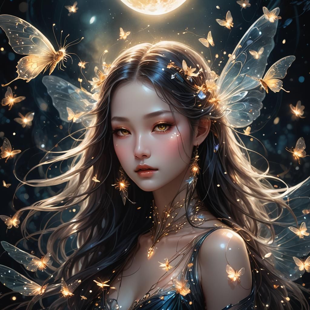 Ethereal Glass Girl with Fireflies and Lotuses