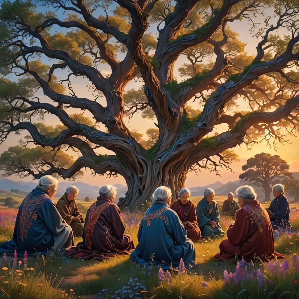 Cinematic concept art. Close-up portrait. A wise group of ol...