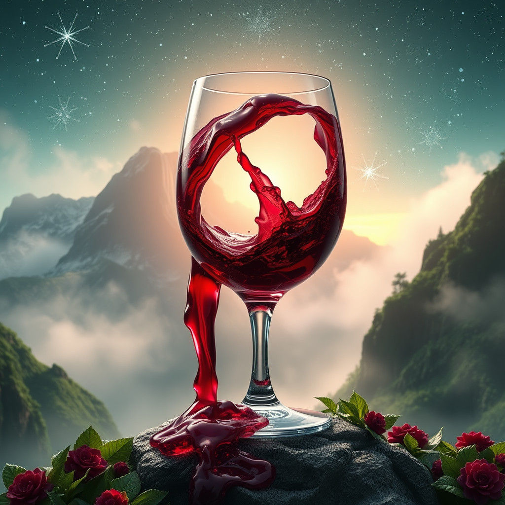Wine Glass on Emerald Peak in Dreamlike Fantasy