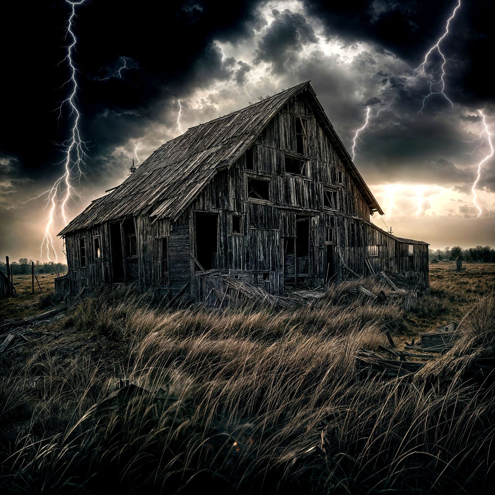 Eerie Country Scene with Lightning in Cinematic Style
