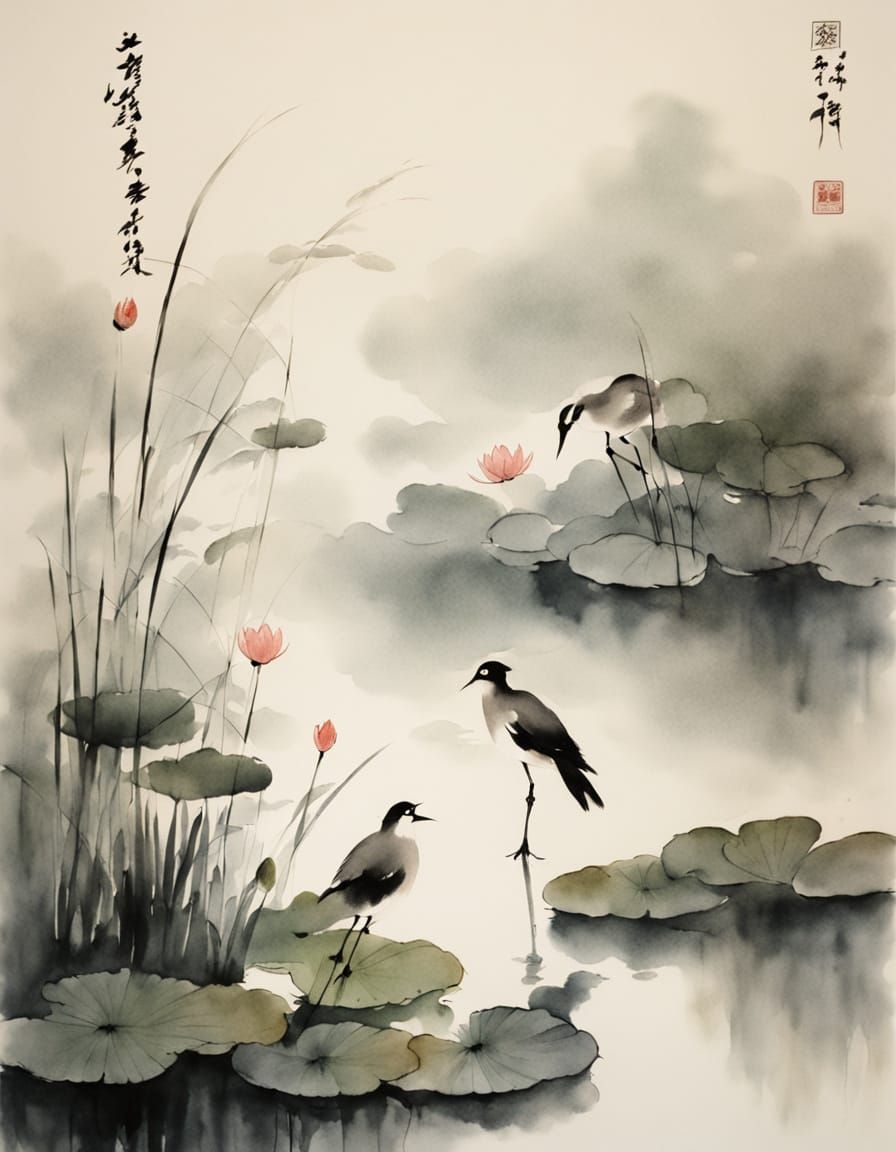 Birds on Lily Pond: Chinese Ink Painting