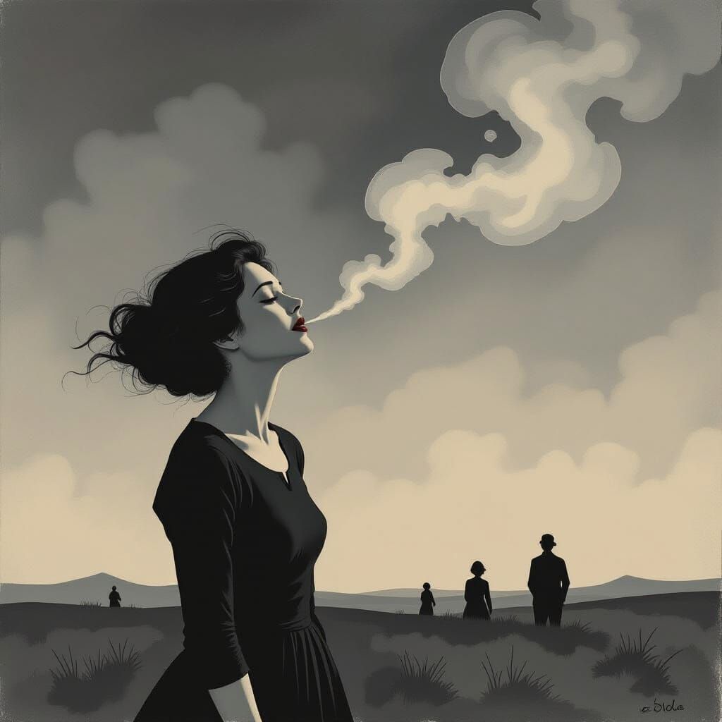 Melancholy Dreamscape: Woman's Laughter Ascends into Empty S...