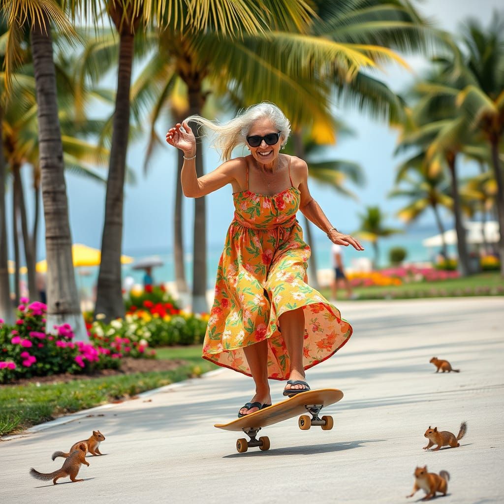 Grandma Skateboarding Through Beachside Park in Photorealist...