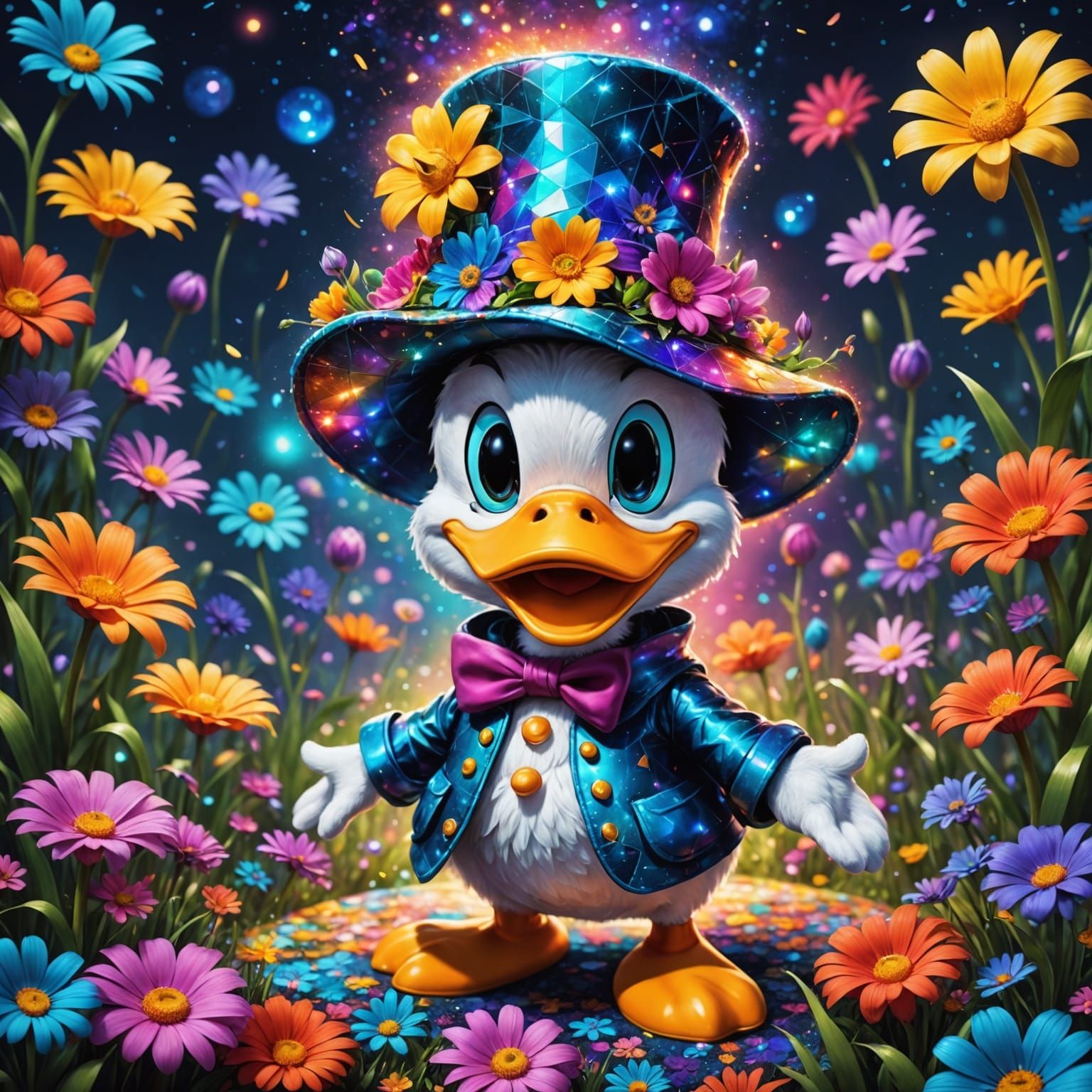 Donald Duck's Astral Flower Hat: Holographic Illustration