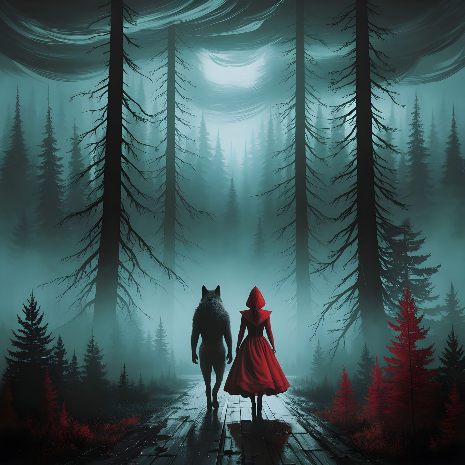 Red Riding Hood and Wolf in Ominous Foggy Forest Oil Paintin...