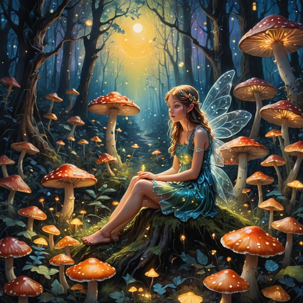 Fairy on Glowing Mushroom in Moonlit Forest