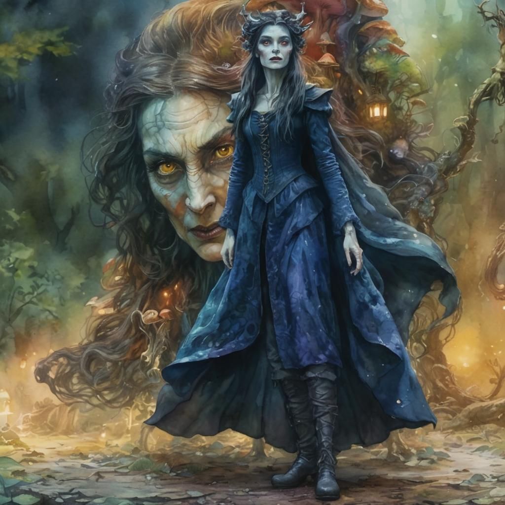 Mystical Witch in Forest, Art Nouveau Watercolour