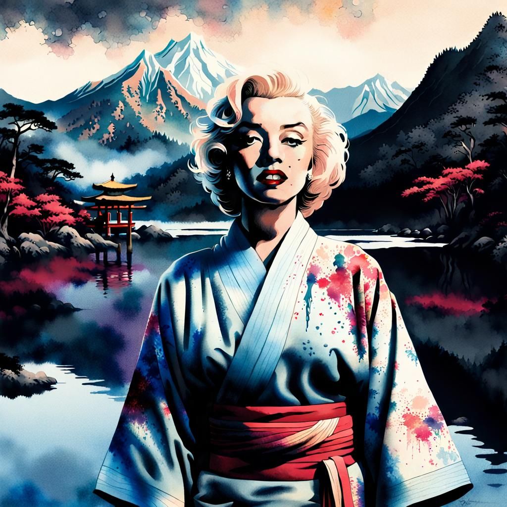 Surreal Marilyn Monroe in Kimono Amidst Japanese Mystical Re...