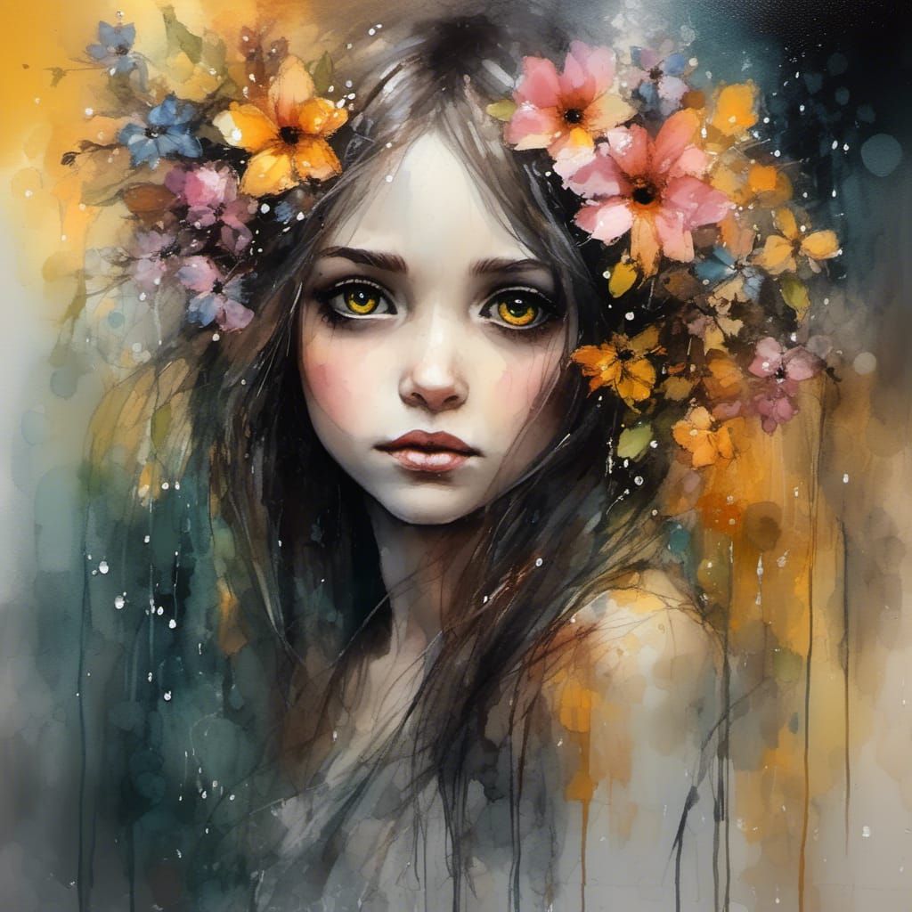 Woman with Sparkling Hazel Eyes and Floral Hues