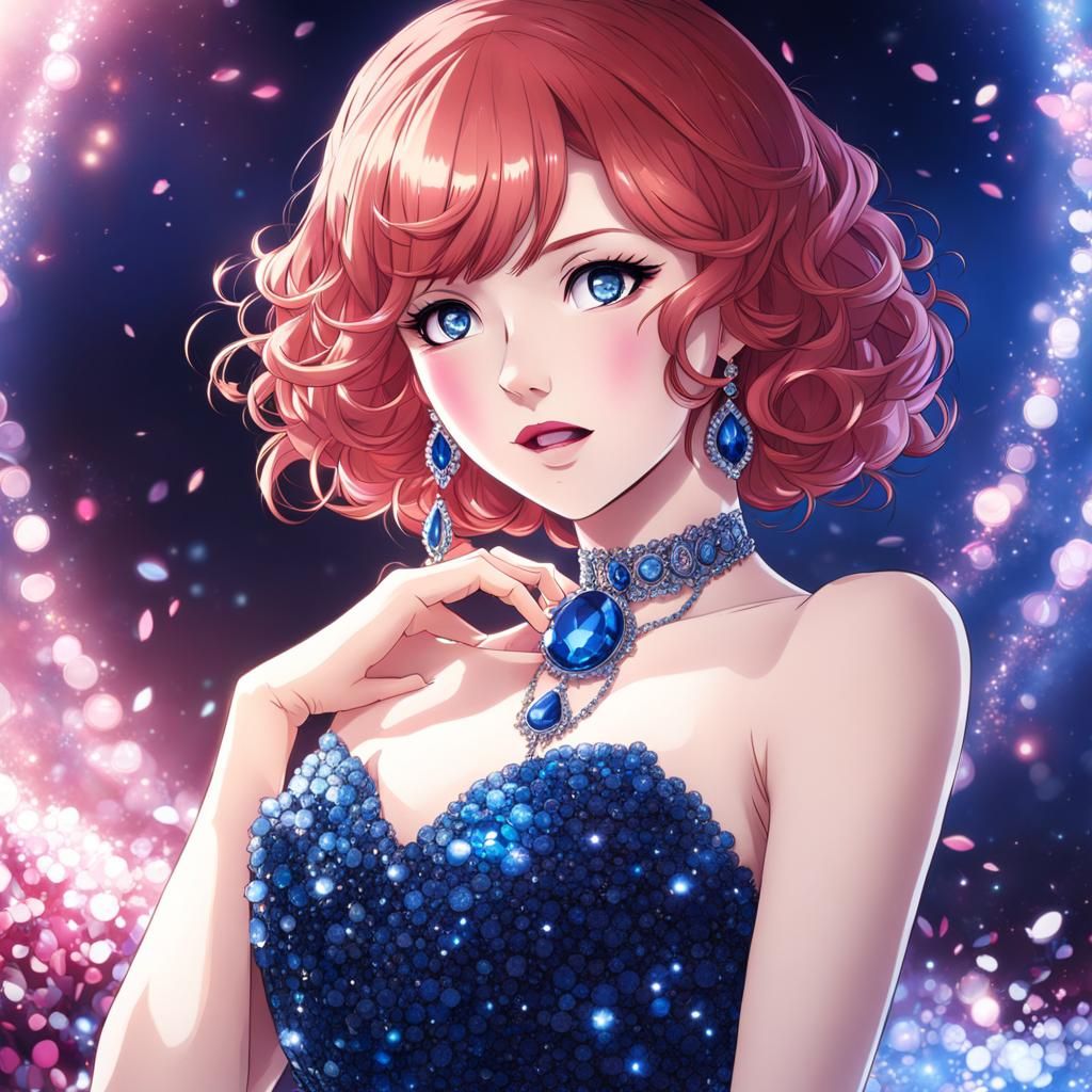 Anime Style Woman with Red Hair and Sapphire Necklace