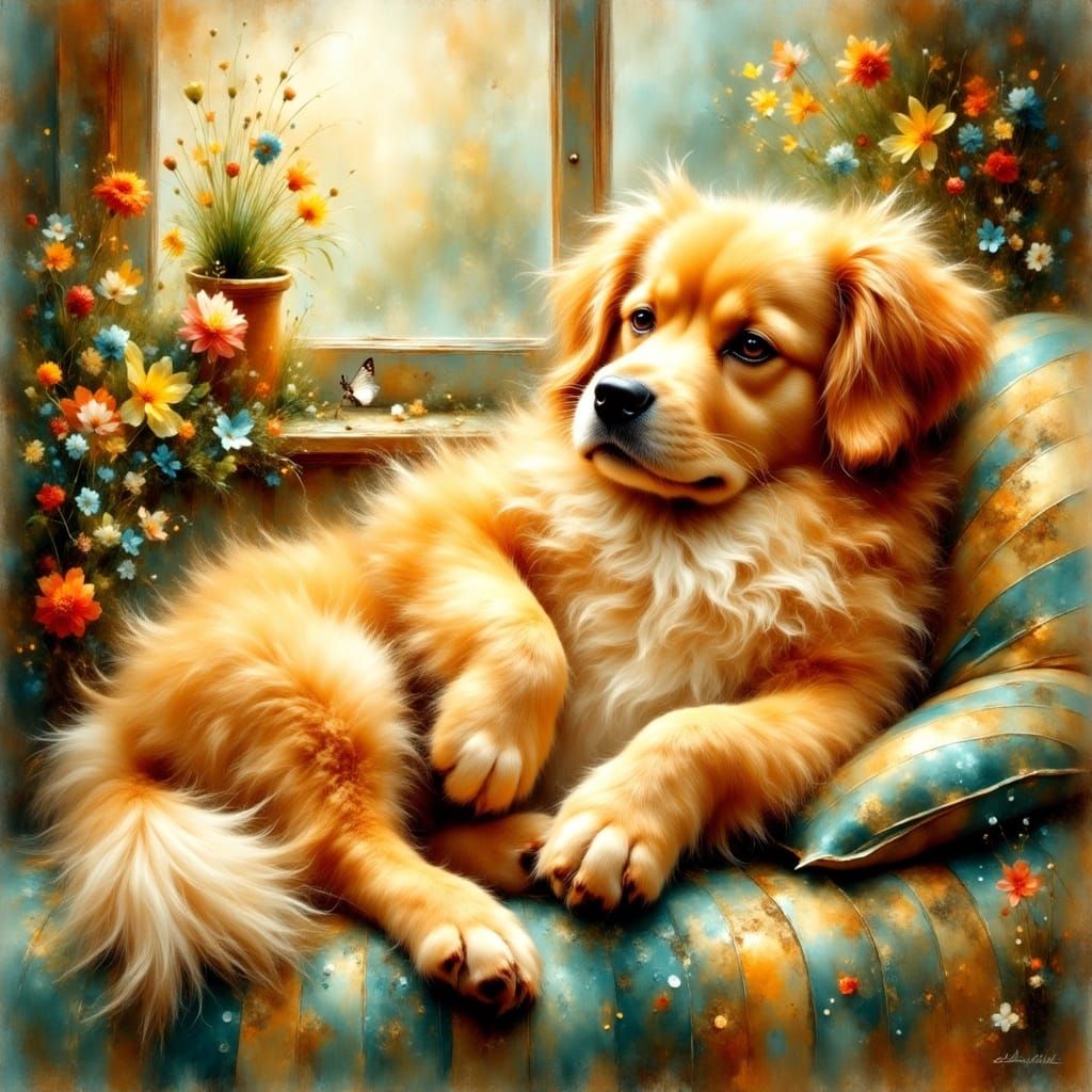 Whimsical Dog in Sunlit Garden