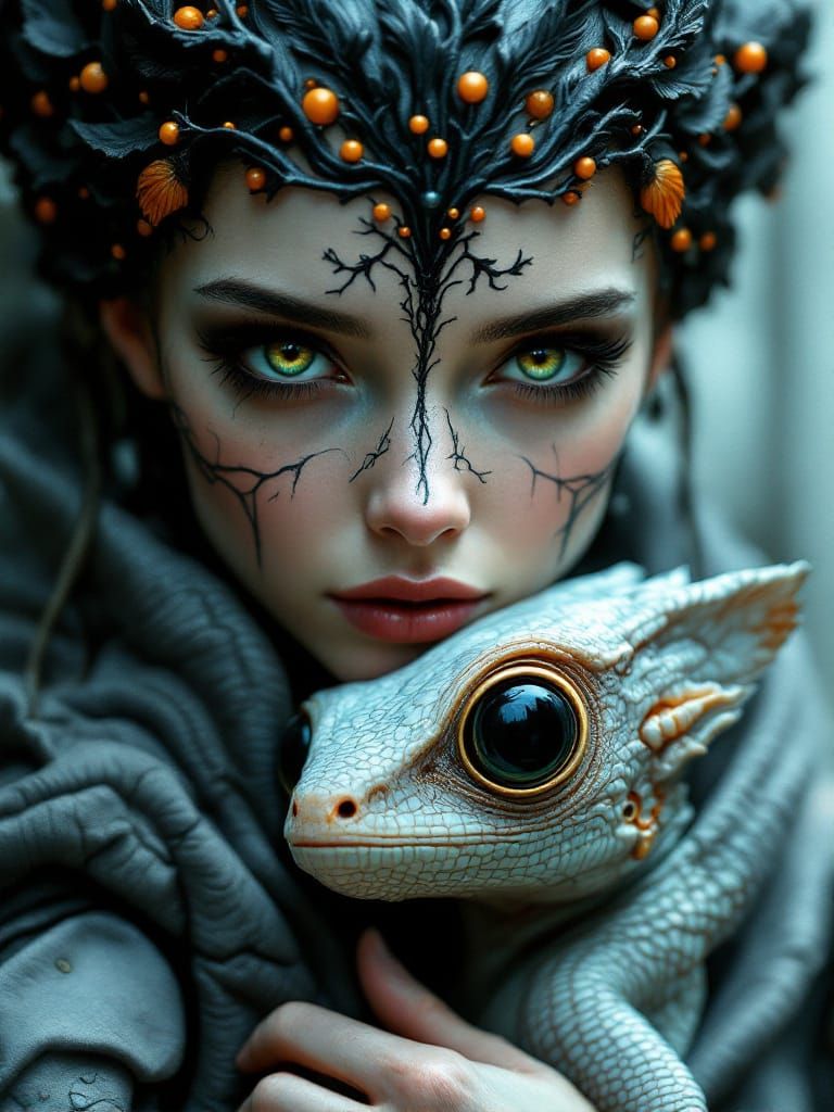 Cybernetic Woman with Chameleon in Digital Art