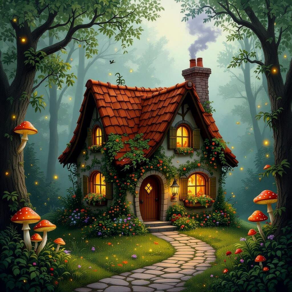 Enchanted Cottage in Forest, Painterly Style