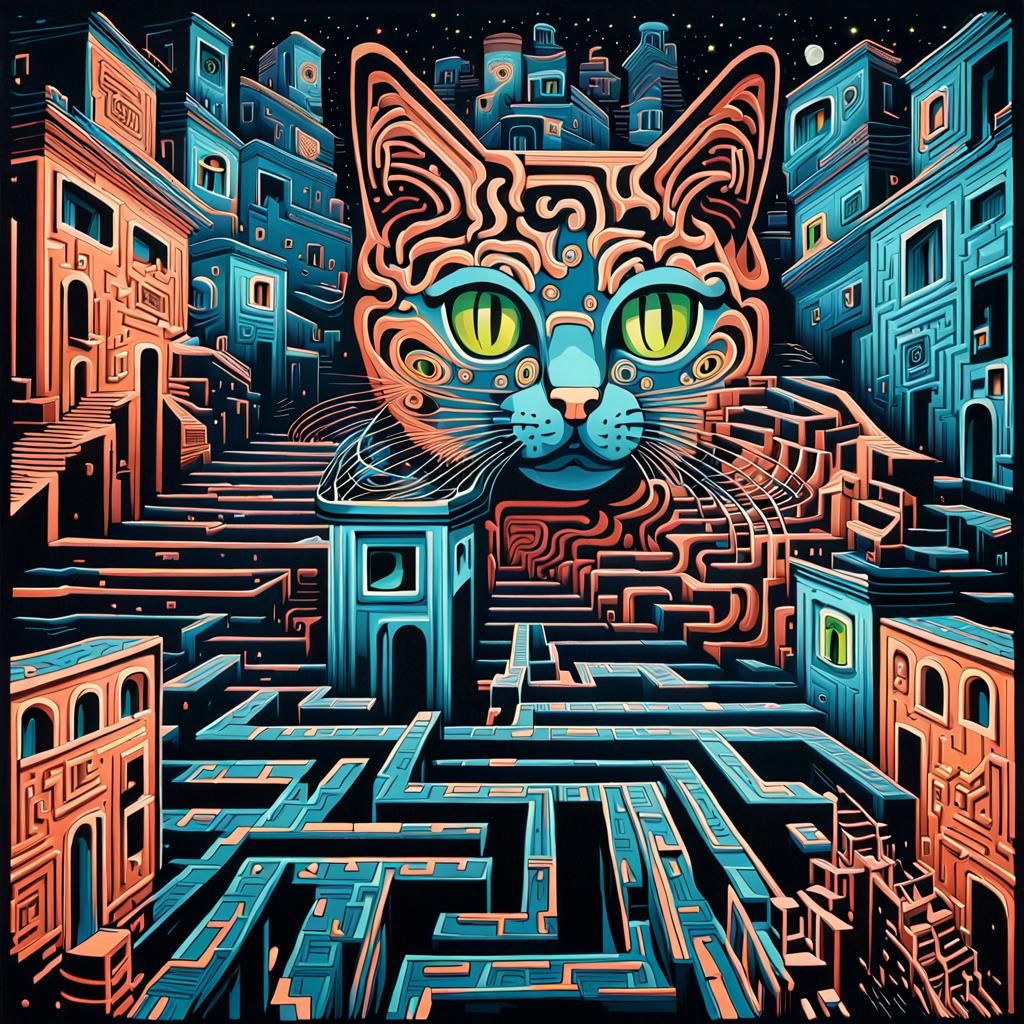Escher-esque Android Cat Maze in Maximalist Style