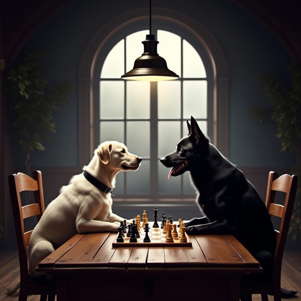 Dogs Playing Chess in Dimly Lit Room