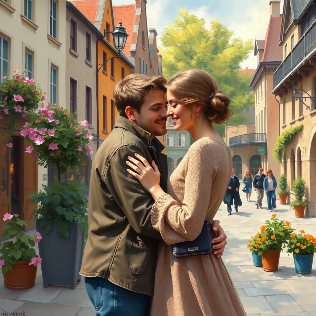 Romantic Impressionist Portrait of Loving Couple in Quaint H...