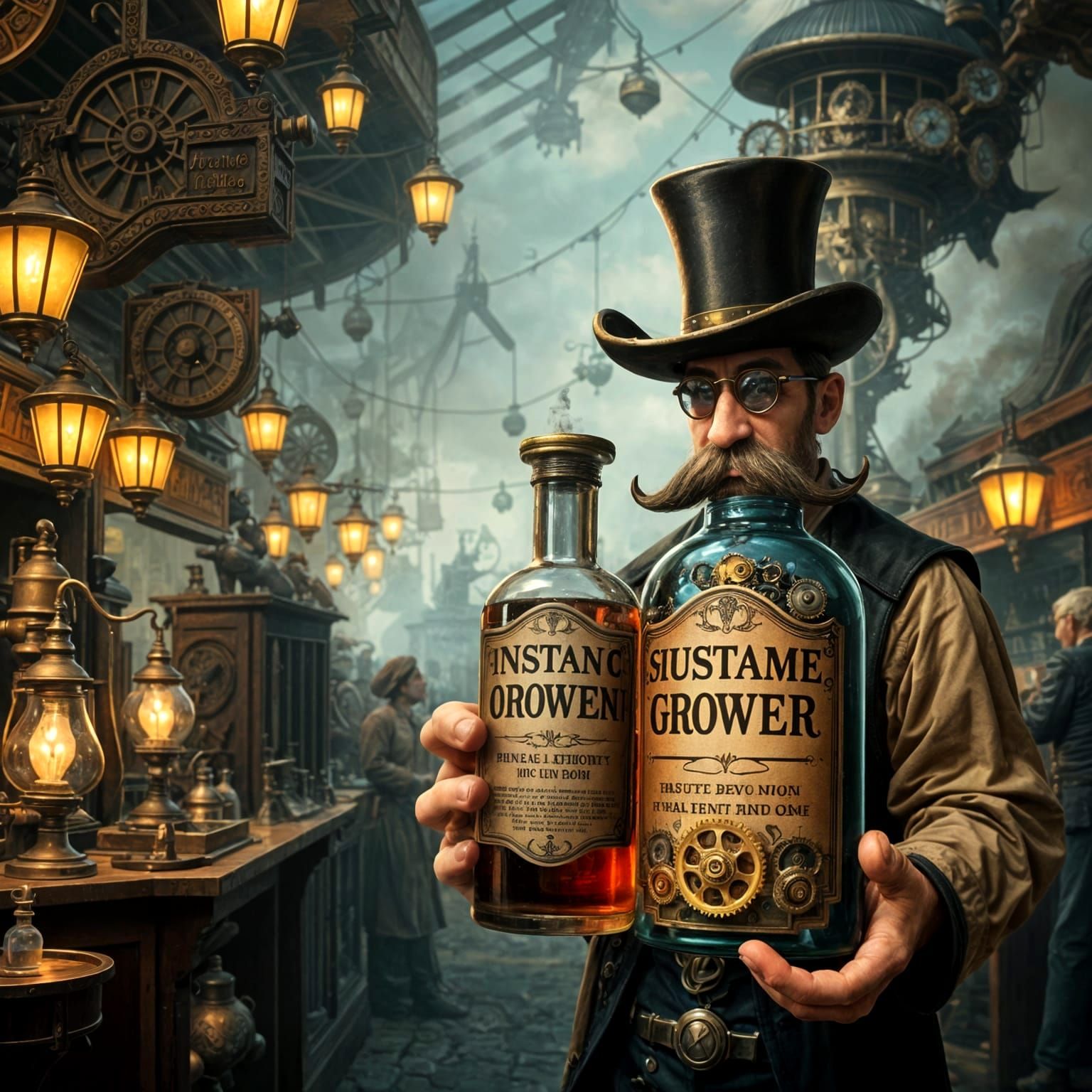 Steampunk Inventor Sells Instant Mustache Grower in Bustling...