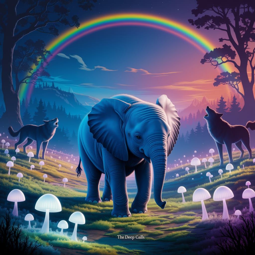 Elephant in Bioluminescent Ghibli Mushroom Field