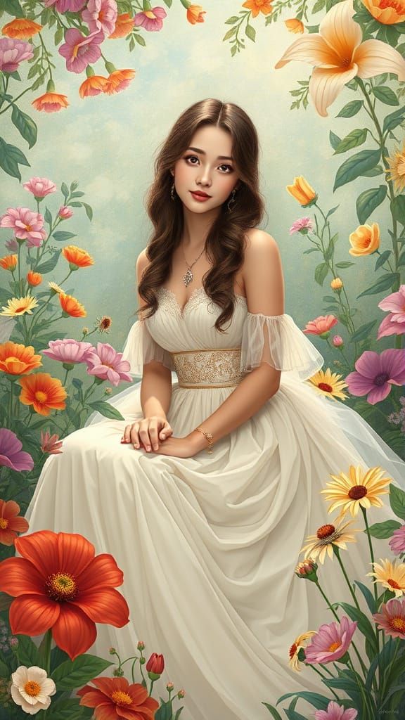 Elegant Woman in Garden, Alphonse Mucha Style