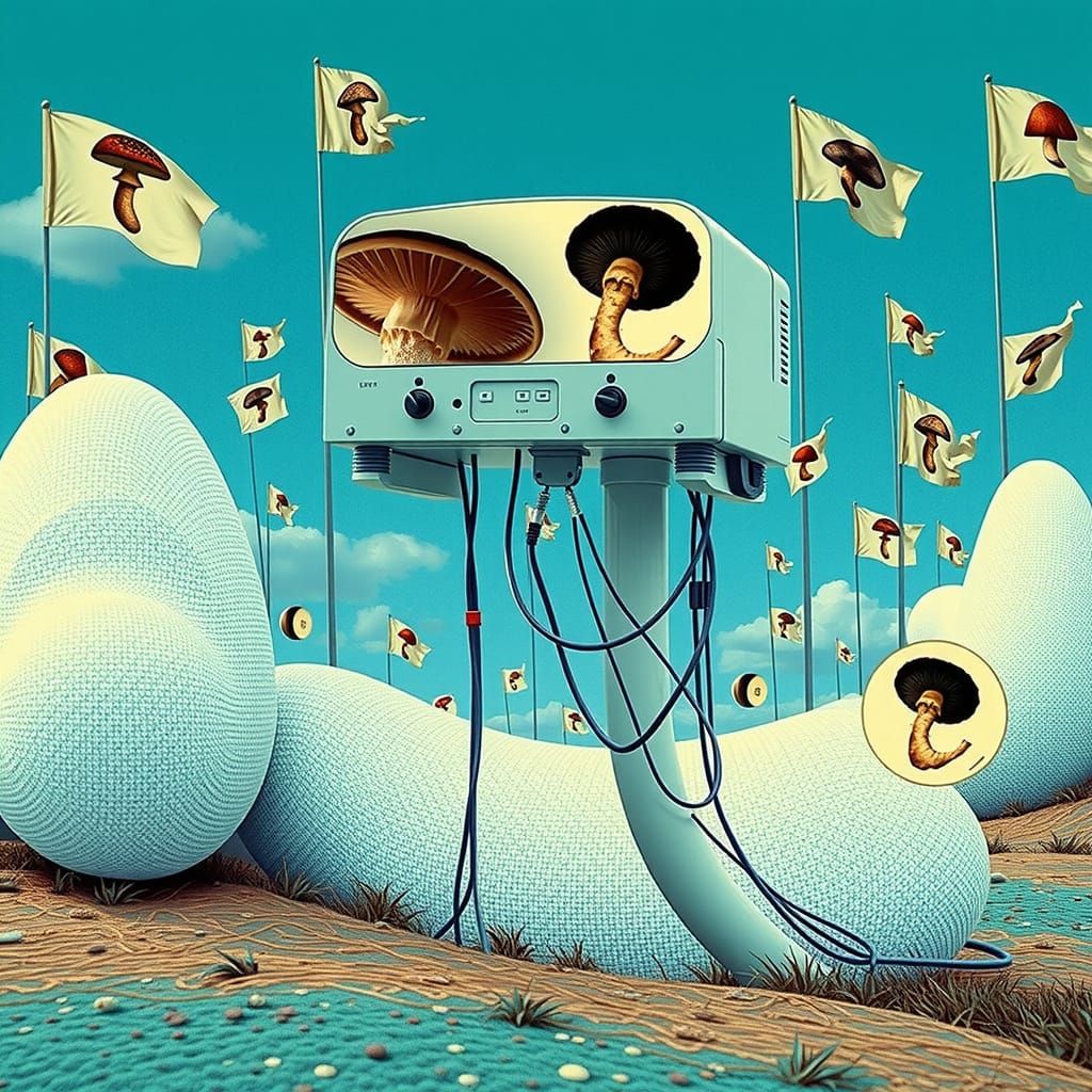 Surreal 17th Century Computer Surrounded by Mushroom Flags
