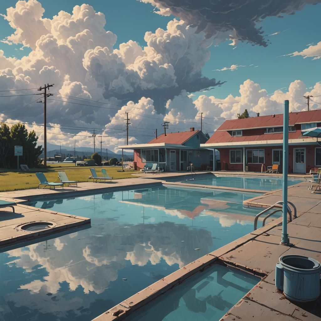 Retro-Futuristic Motel Pool Under Cloudy Sky