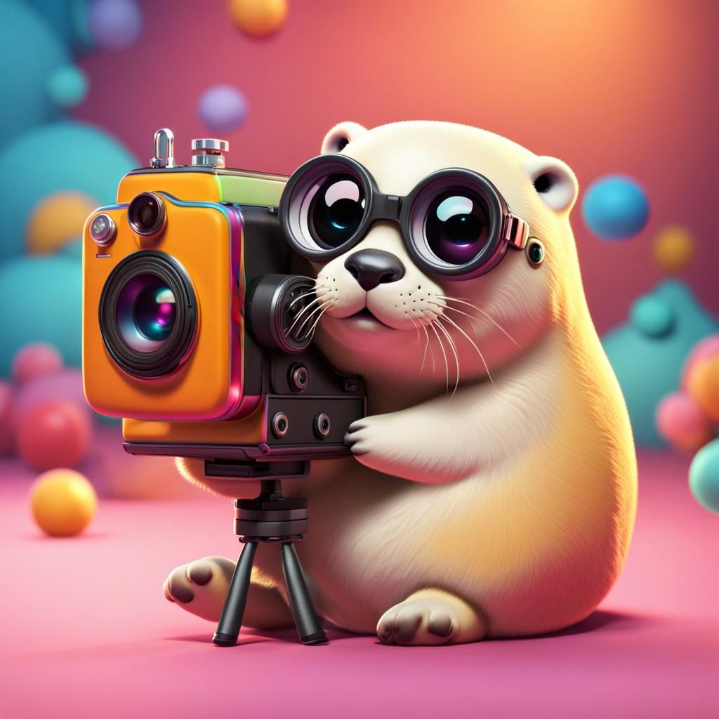 Baby Seal with Retro Camera: Pixar-Style 3D Art