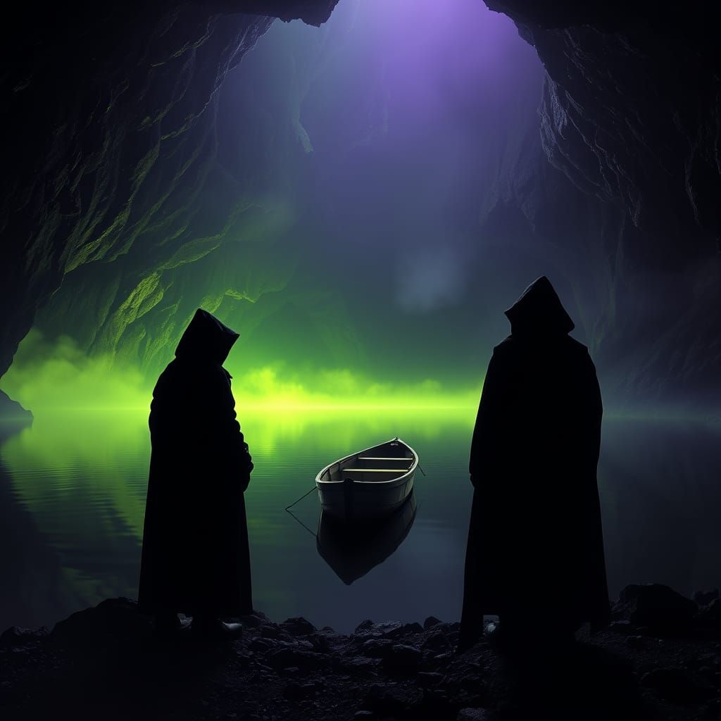 Mysterious Cowled Figures on a Black Lake's Edge, in a Dark ...