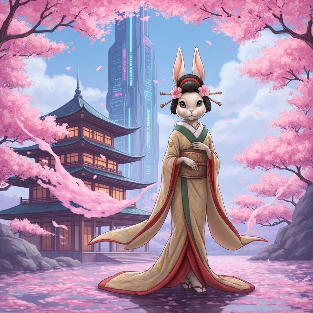Geisha Bunny in Futuristic Japanese Art Nouveau Style