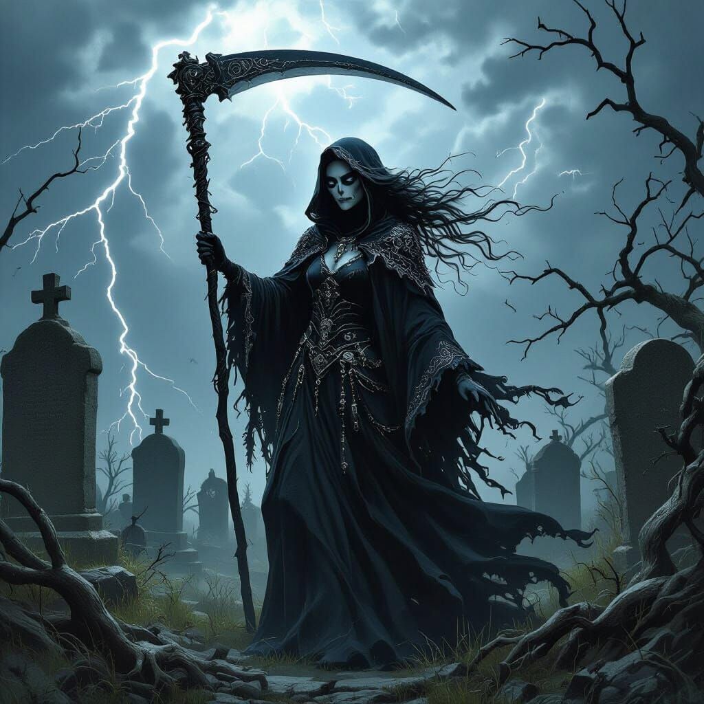 Gothic Grim Reaper in Graveyard with Stormy Sky