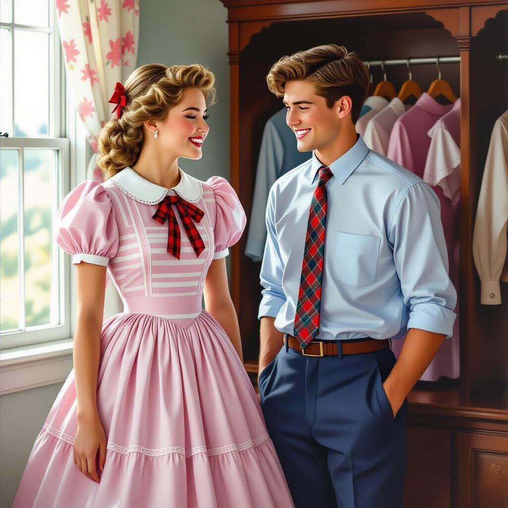 Man Admires Pink Striped Dress in Pre-Raphaelite Style