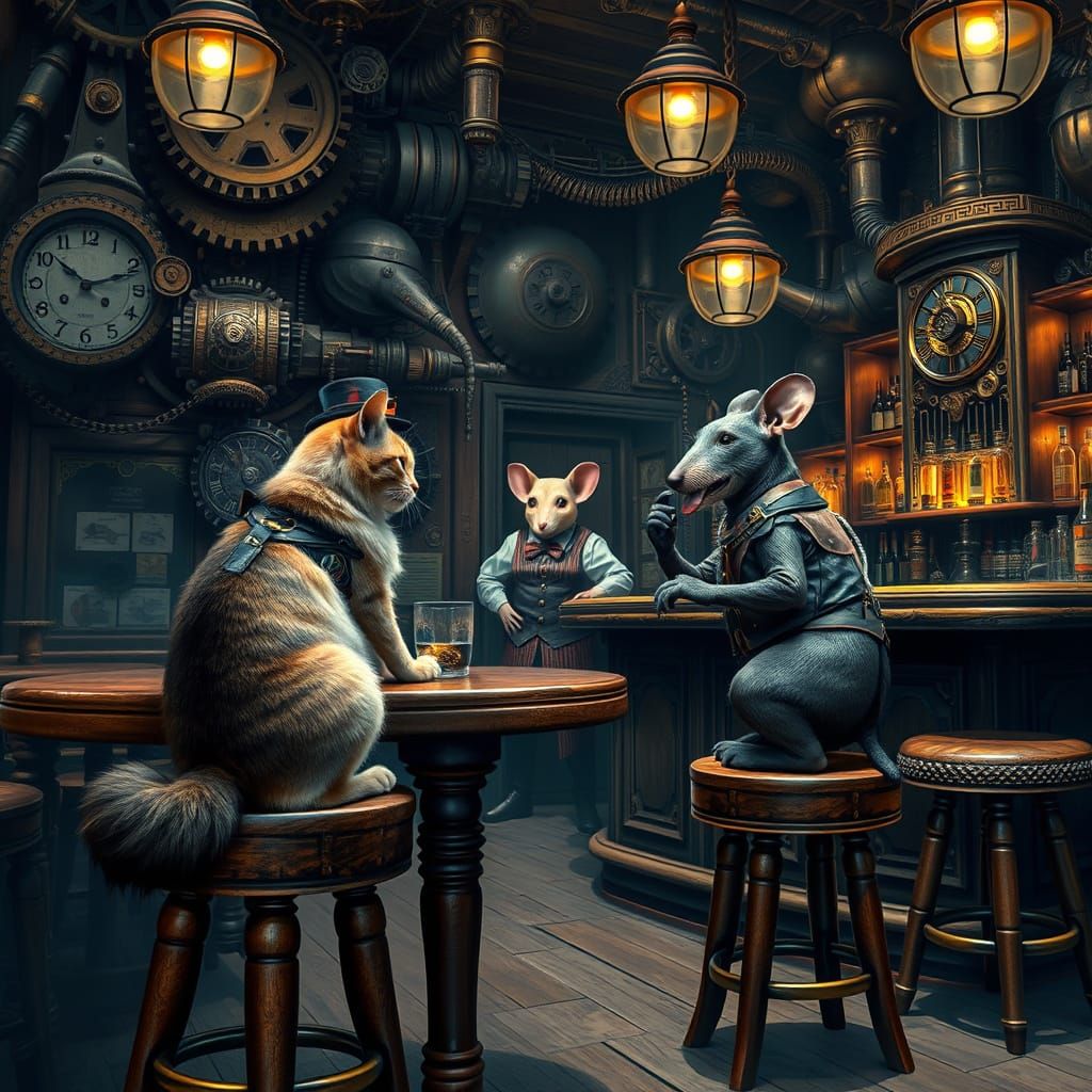 Steampunk Feline and Canine Friends Meet at a Gears-Rich Tav...