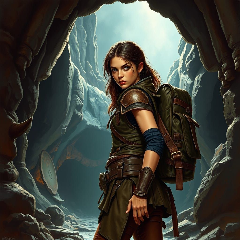 Fearless Female Explorer Prepares to Enter Dark Dungeon Lair...