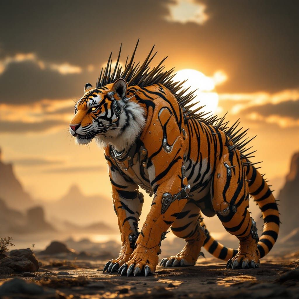 Majestic Tiger-Echidna Hybrid in Futuristic Sci-Fi Style