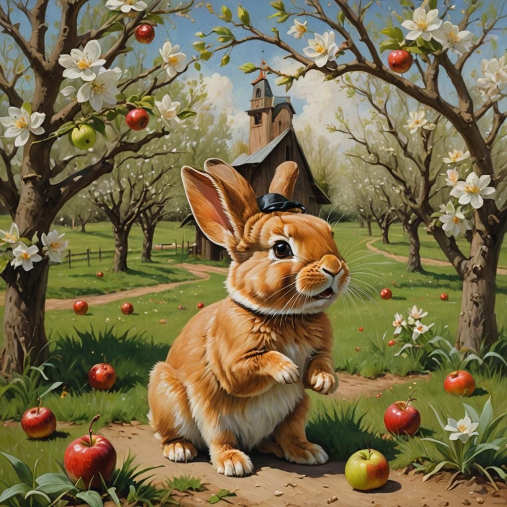 Wonderland Rabbit in Orchard, Oil Painting