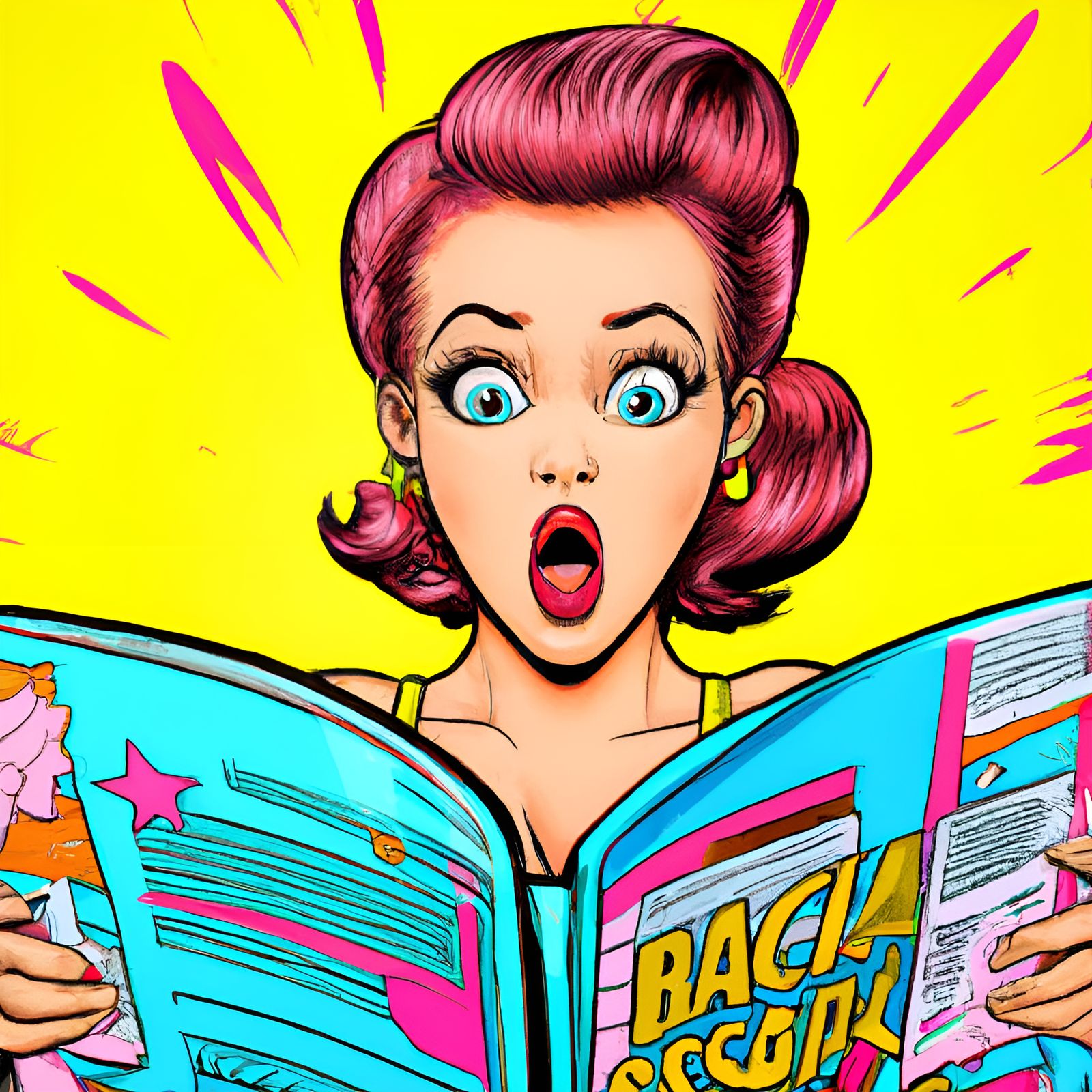 Surprised Pin-Up Girl Reading Comic Art