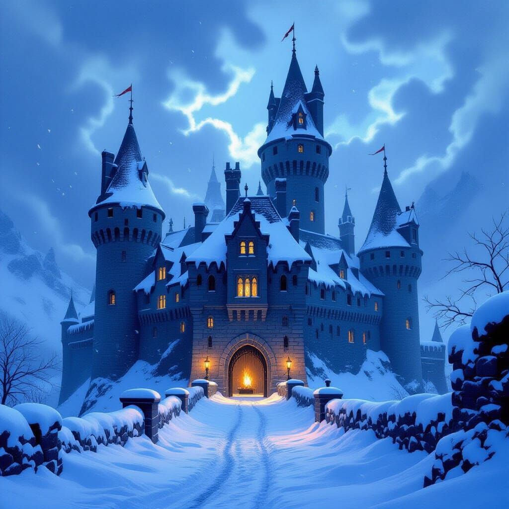 Majestic Medieval Castle in Snowy Sky