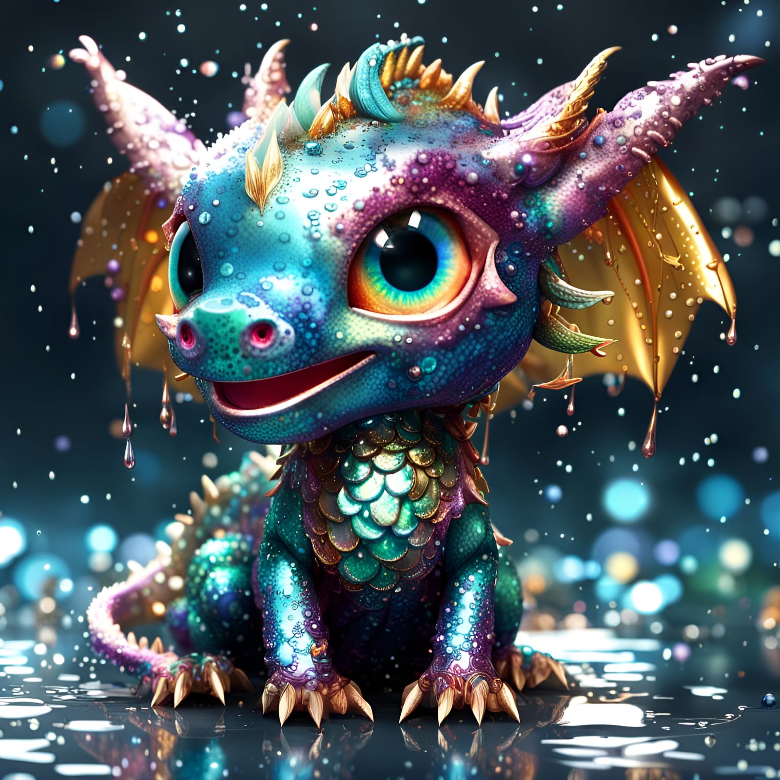 Glittery Chibi Dragon in the Rain: 8K Ultra Detail